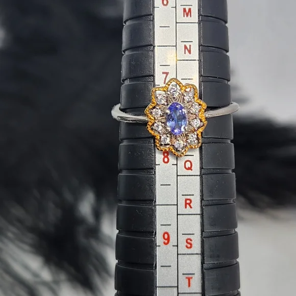 925 Sterling Silver Natural Blue Purplish Tanzanite Zirconia Diamonds Ring - Picture 8 of 10